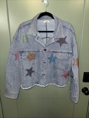 NWT ADORA  Light Wash Denim Jacket with Multicolor Star Studs